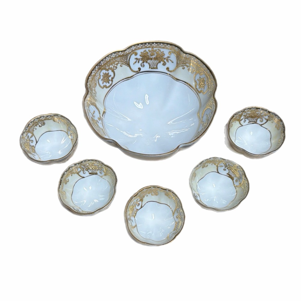 VTG Noritake Footed Dessert Bowl Set Hand Painted Gold Flower Basket 5567 Japan